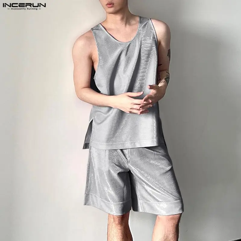 Mens Fashion Streetwear - INCERUN Men's Sets Shiny Solid O-neck