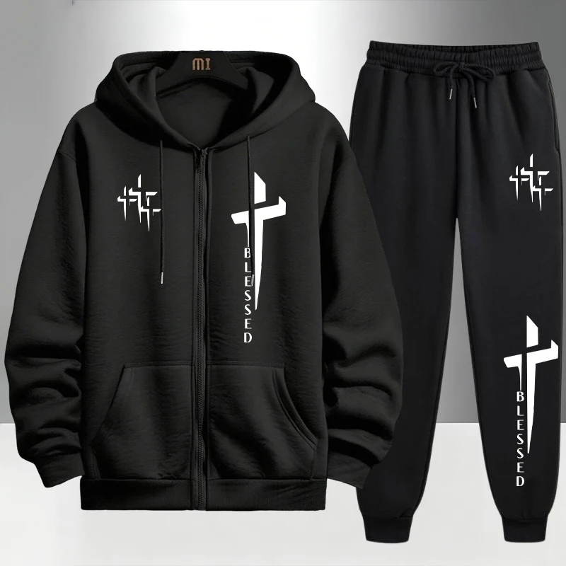 Cross Blessed Print Tracksuit  - đánh giá và giá Men'S Fashion Zipper Hoodie