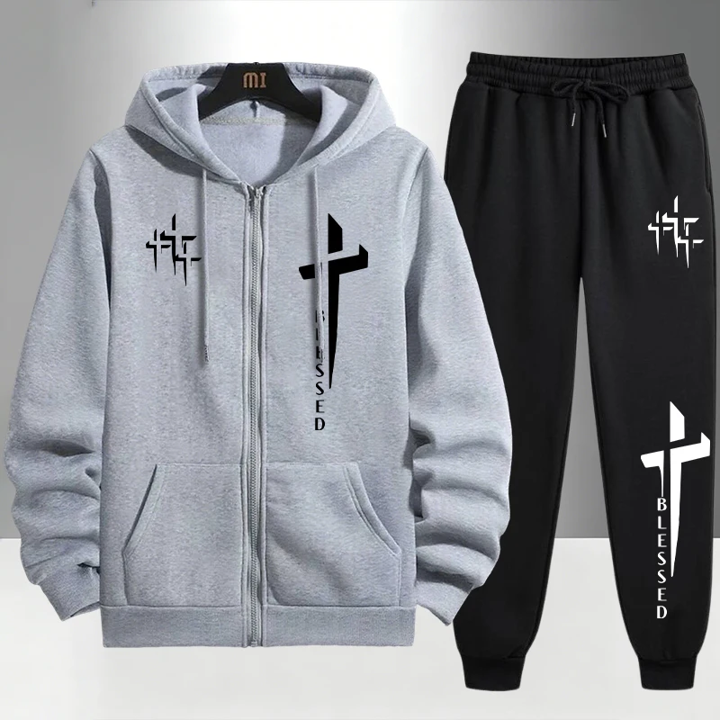 Cross Blessed Print Tracksuit  - đánh giá và giá Men'S Fashion Zipper Hoodie