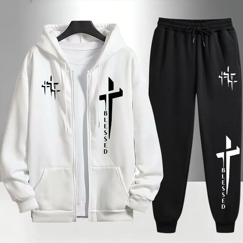 Cross Blessed Print Tracksuit  - đánh giá và giá Men'S Fashion Zipper Hoodie